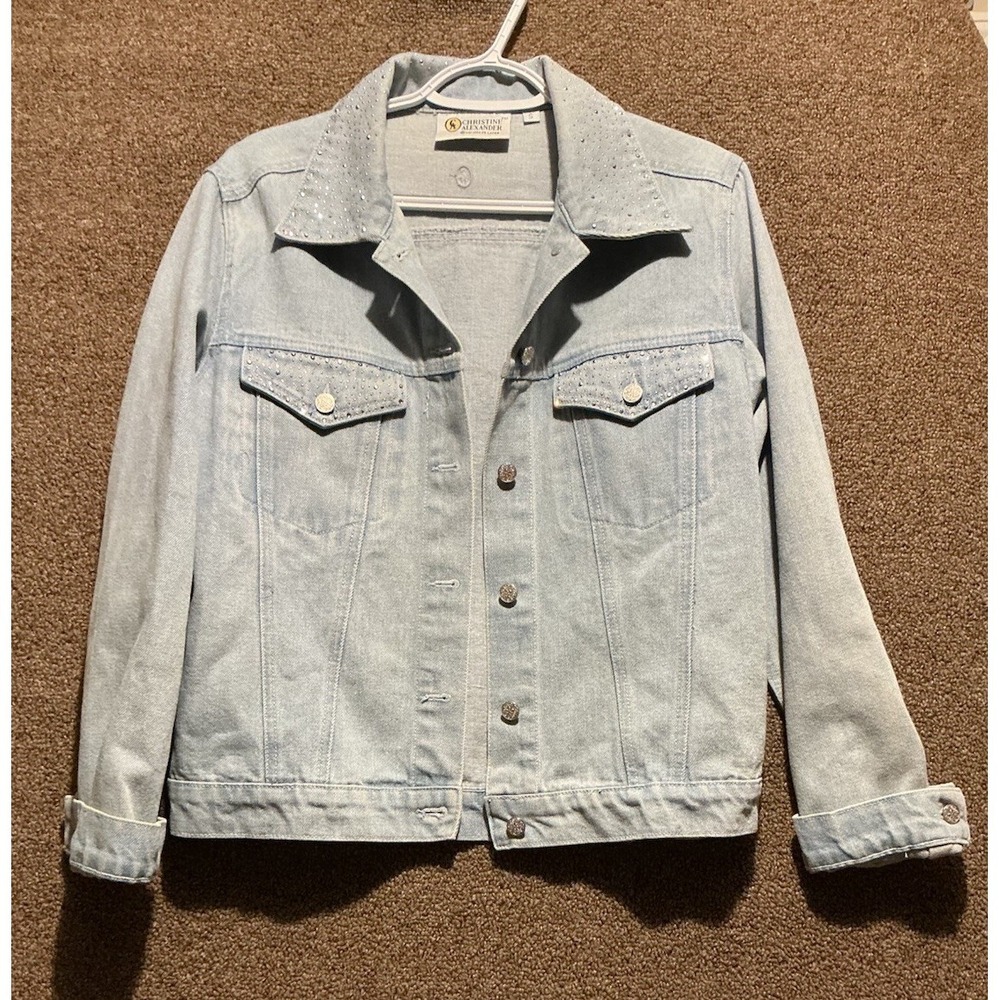 Christine Alexander Light‎ Wash Denim Jacket Swarovski Crystals VTG S 90's